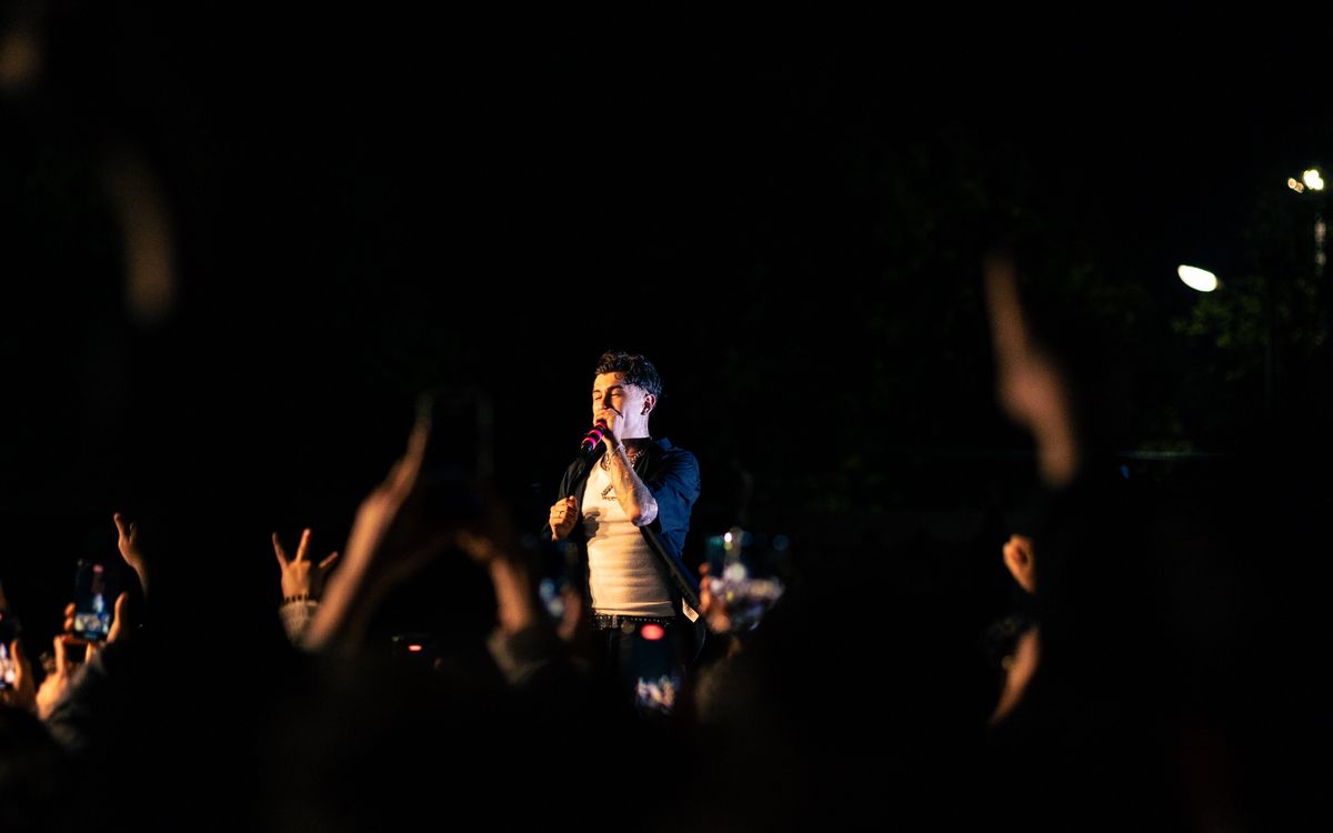 Singer performing on a large stage in front of a concert crowd