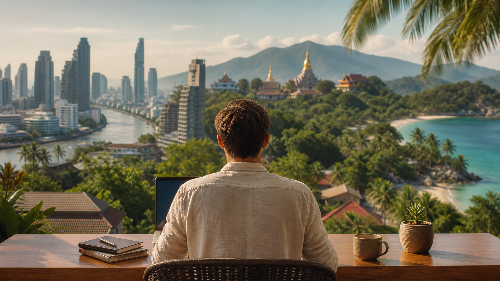 A remote worker looking across Bangkok, Chiang Mai and Phuket landscapes