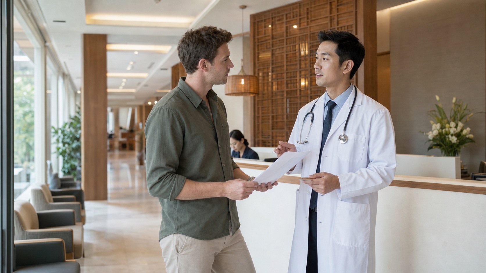 A doctor speaking with an expat patient in a modern Chiang Mai clinic reception