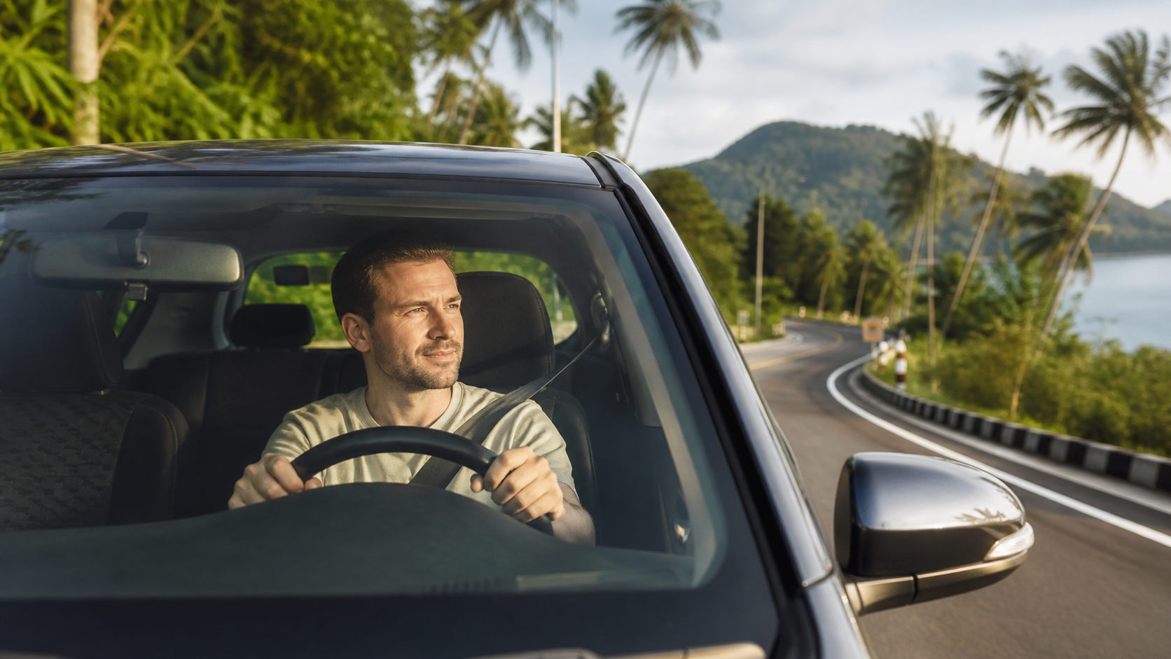A white expat driving a car on a scenic Phuket road