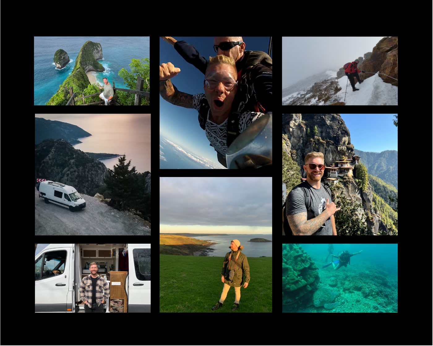 A collage of Julian's travels: the campervan, skydiving, hiking and diving around the world