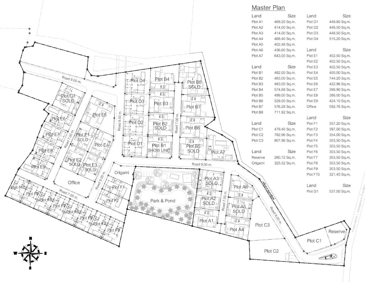 Mono Champaca master plan showing plot groups, internal roads and central park and pond